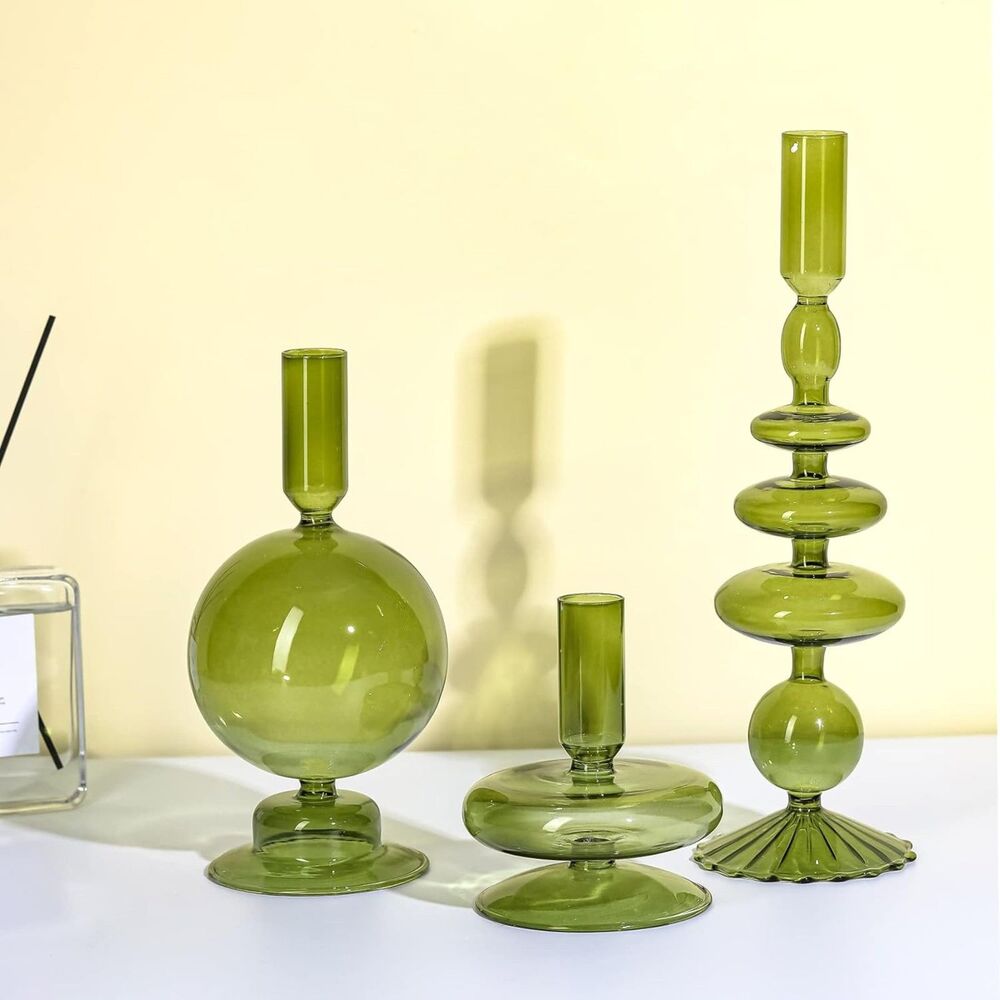 Rtteri 3 Pcs Glass Candlestick Holders Groovy Wavy Elegant Taper Decor (Green)